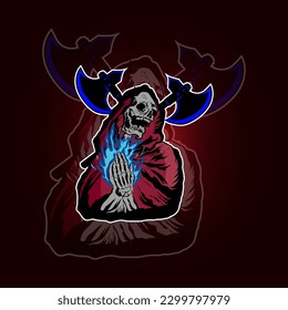 cráneo con hacha y texto, ilustración de grungo vectorial aislada en fondo blanco, logotipo
