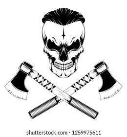 Skull with axes. Black and white vector image.