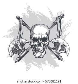 Skull and axes vector illustration. Ink line draw vector. T-shirt design. Sticker design. Tattoo design