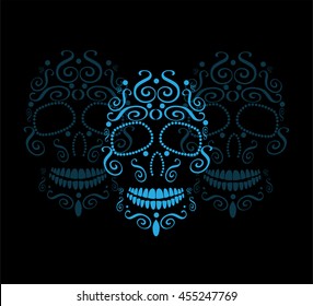 Skull background with 3 icons, vector 