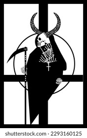 Skull background with inverted cross. The Death with horns, black and white vector illustration 