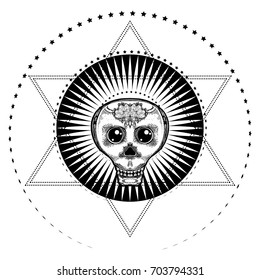 The skull in the background of the stars. Vector illustration. Demonic Tattoo, printing on T-shirt, logo, gothic symbol. Decor for Halloween. Poster. Geometry, sacred symbol, talisman, mascot, amulet.