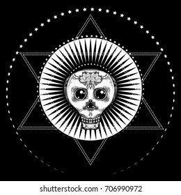 The skull in the background of the stars. Vector illustration. Demonic Tattoo, printing on T-shirt, logo, gothic symbol. Decor for Halloween. Poster. Geometry, sacred symbol, talisman, mascot, amulet.