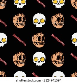 skull eg with bacon seamless pattern on black background