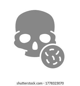 Skull with bacteria grey icon. Bones of the head, cranial bacterial infection, osteomyelitis symbol