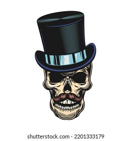Skull badge. Scary skull with gentleman cap isolated vector. Design and racer tattoo