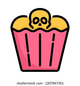 Skull bakery icon. Filled outline design. Halloween party bakery. Cupcake with skull. Holiday event halloween. Vector Illustration.