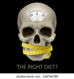 Skull with balance scale, measuring tape and text  beneath as symbol of unhealthy diet.