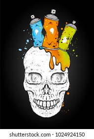 Skull and ballons with paint for graffiti. Skull in the crown of cans. Vector illustration for a postcard or a poster, print for clothes. Urban, city and extreme.