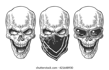 Skull with bandana. Black vintage vector illustration. For poster and tattoo biker club. Hand drawn design element isolated on white background