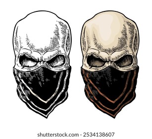 Caveira com bandana. Ilustração de vetor vintage de cores. Para pôster e clube de motociclista tatuagem. Elemento de design desenhado à mão isolado no fundo branco