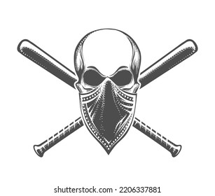 Skull in Bandana and Crossed Baseball Bats Tattoo on white Background. Vector Illustration.