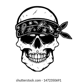 skull in bandana. Design element for poster, t shirt, card, banner. Vector illustration