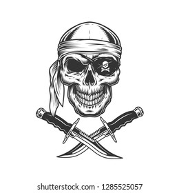 Skull in bandana and eye patch with crossed knives in vintage monochrome style isolated vector illustration