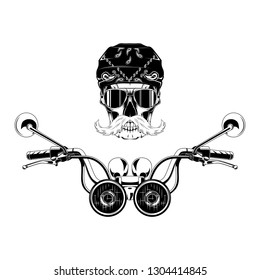 Skull in a bandana, glasses and steering a motorcycle.