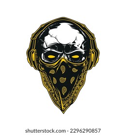 Skull in bandana and headphones isolated on white background. Stencil, sticker skull art for hoodie or t-shirt.