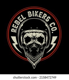 skull with bandana mask and motorcycle helmet, emblem patch vector illustration