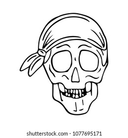 Skull with bandana vector illustration. Ink hand drawn style. Grunge design. Doodle style. Detailed sketch. Banner. Poster. Icon. Logotype.