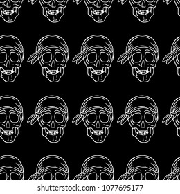 Skull with bandana vector illustration. Ink hand drawn style. Grunge design. Doodle style. Detailed sketch. Banner. Poster. Icon. Logotype.