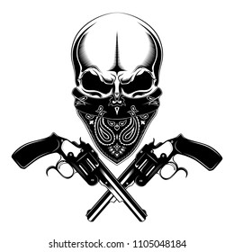 A Skull In A Bandanna With Pistols. Black And White Vector Image.