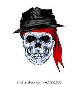 Skull Bandit With Red Bandana And Hat, Hand Drawing Skull