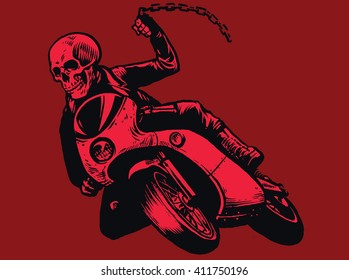 Skull of bandit riding motorcycle