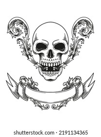 Skull and banner with engraved ornament. Vector Illustration
