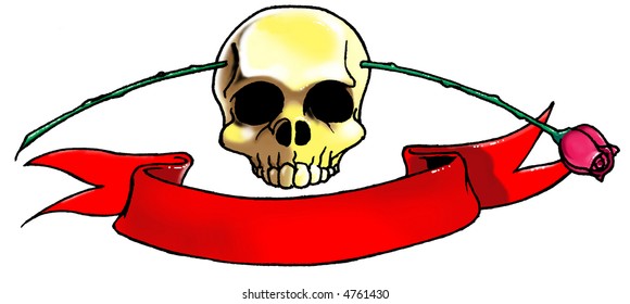 skull, banner and rose tatoo (vector illustration)