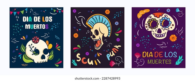 Skull banners set. Dia de los muertes. Back to 80s and 90s, retro style. Collection of greeting postcards. Flowers and confetti. Cartoon flat vector illustrations isolated on white background