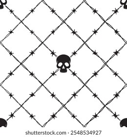 Totenkopf Barb Wire Hintergrund nahtloses Muster.  Vektorgrafik-Muster Für Web, Medien und digitale Medien.