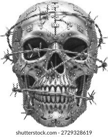 Ilustración vectorial de alambre de púas del cráneo para el horror del dolor y el diseño del tatuaje del grunge