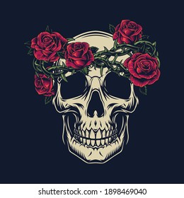 Skull with barbed wire wreath decorated with beautiful roses in vintage style isolated vector illustration