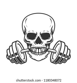 Skull with barbell in teeth. Design element for gym logo, label, emblem, sign, poster, t shirt. Vector image