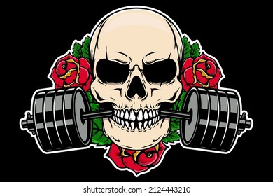 Skull with barbell in teeth and roses. Vector illustration