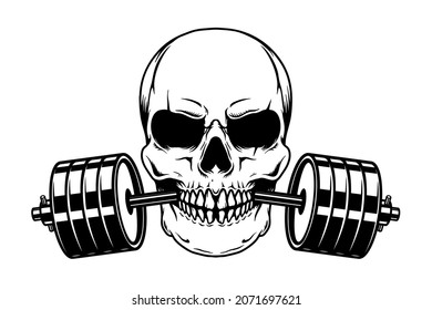 Skull with barbell in teeth. Vector illustration