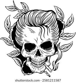 Skull with barber hairstyle. Vector illustration. Monochrome hand drawn style