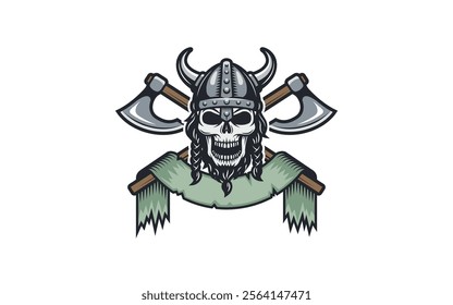 Skull Barber Illustration Bearded Viking Skull With Helmet logo design