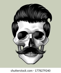 Skull Barbershop. Skull with Hipster hair and mustache.  illustration.