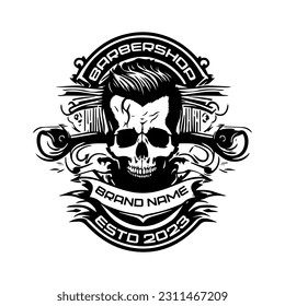 Skull barbershop logo design. Vintage barbershop emblem design on white background