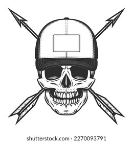 Skull in baseball cap with arrow with arrowhead vintage vector illustration