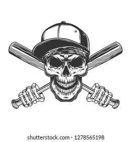 Skull in baseball cap and bandana with skeleton hands holding bats in vintage monochrome style isolated vector illustration