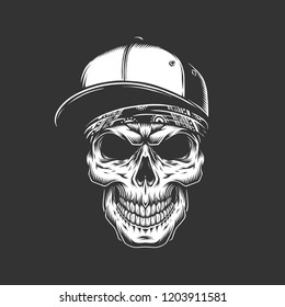 Skull in baseball cap and bandana in vintage monochrome style isolated vector illustration