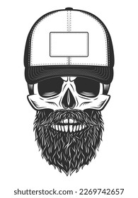 Skull in baseball cap with beard and mustache vintage monochrome isolated vector illustration