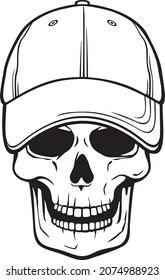 Skull with baseball cap black and white vector illustration