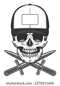 Skull in baseball cap with gangster knife dagger vintage vector illustration