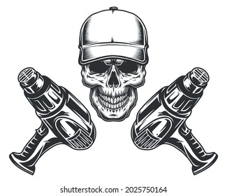 Skull in baseball cap and industrial dryers in vintage style on white background isolated vector illustration