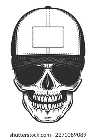 Skull in baseball cap with sunglasses in vintage monochrome style isolated vector illustration