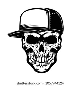 Skull in baseball hat isolated on white background. Design element for logo, label, emblem, sign. Vector illustration