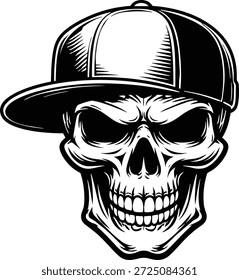 Skull in Baseball Hat - Skull Wearing Cap Design - Edgy Casual Skull - Baseball Hat Skull - Biker Style skeleton Design Rebel