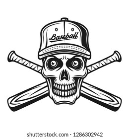 Skull of baseball player in cap and two crossed bats vector monochrome illustration isolated on white background